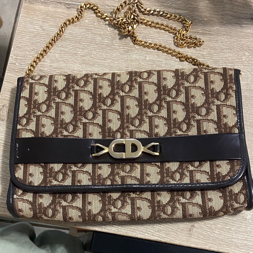 Vintage Christian Dior Brown and Black Monogram Canvas Clutch with Gold Chain